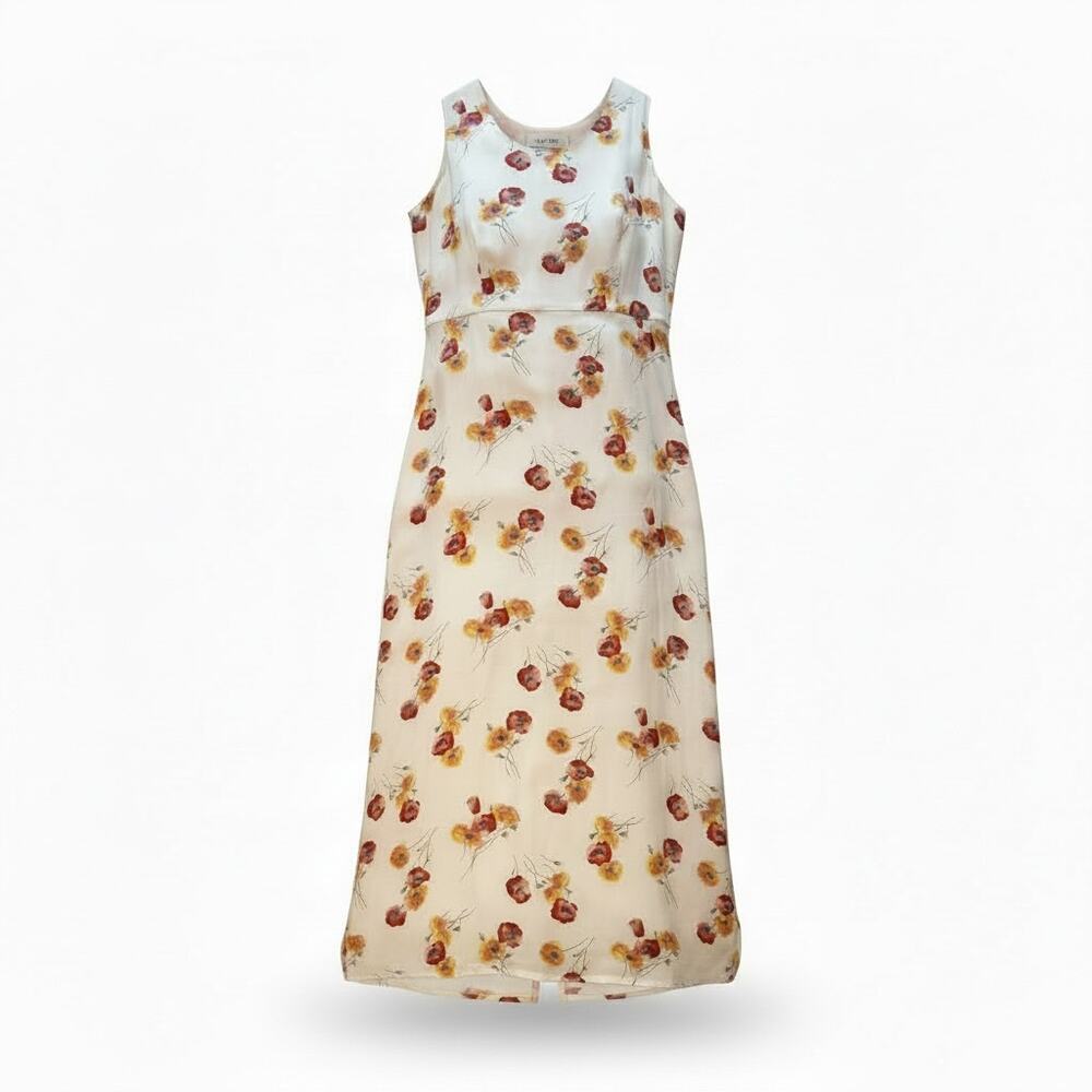 Eddie Bauer 90s Cream Poppy Floral Maxi Dress 16 Tall Sleeveless Back Slit